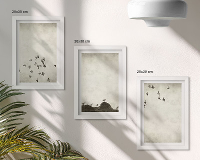 Įrėmintų paveikslų rinkinys Skrendantys paukščiai nutapyti minimalistiniu stiliumi