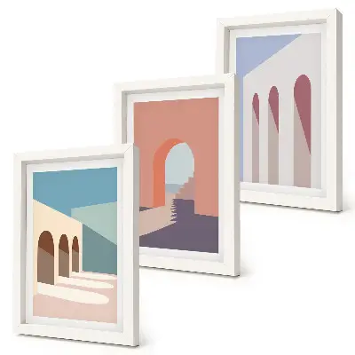 Įrėmintų paveikslų rinkinys su pasteliniu minimalistiniu miesto architektūros grafikos motyvu