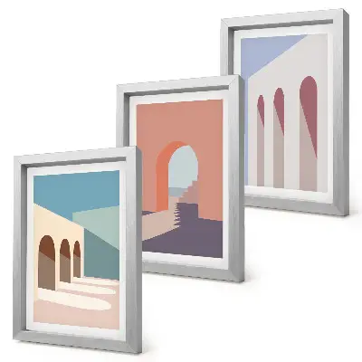 Įrėmintų paveikslų rinkinys su pasteliniu minimalistiniu miesto architektūros grafikos motyvu