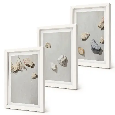 Minimalistinės bohemiškos paplūdimio akmenų dekoracijos 3 paveikslų rinkinys su rėmais