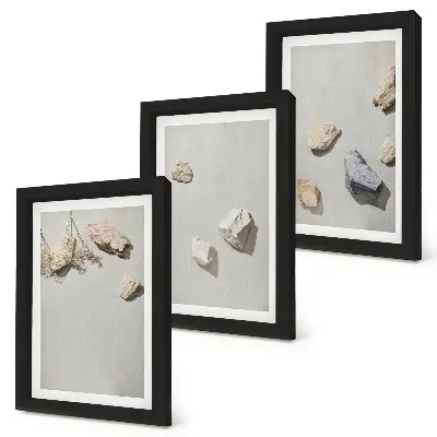 Minimalistinės bohemiškos paplūdimio akmenų dekoracijos 3 paveikslų rinkinys su rėmais