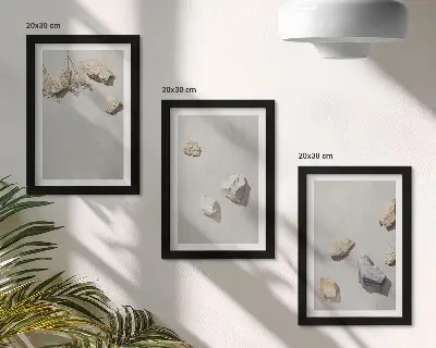 Minimalistinės bohemiškos paplūdimio akmenų dekoracijos 3 paveikslų rinkinys su rėmais