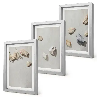 Minimalistinės bohemiškos paplūdimio akmenų dekoracijos 3 paveikslų rinkinys su rėmais