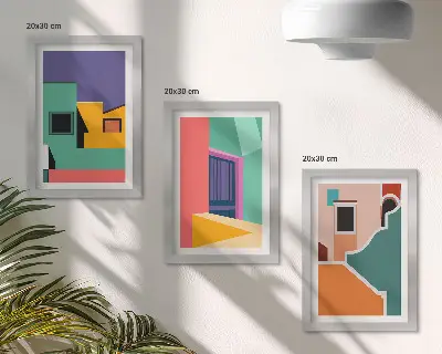 Spalvingos miesto iliustracijos moderniu stiliumi 3 paveikslų rinkinys su rėmais