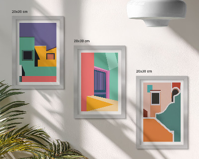 3 paveikslų rinkinys su rėmais Spalvingos miesto iliustracijos moderniu stiliumi