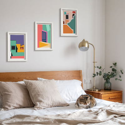 3 paveikslų rinkinys su rėmais Spalvingos miesto iliustracijos moderniu stiliumi
