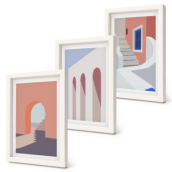 Įrėmintų paveikslų rinkinys Minimalistinio miesto architektūros iliustracijos