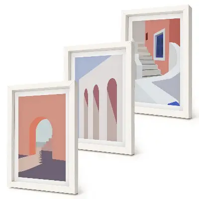 Įrėmintų paveikslų rinkinys su minimalistinėmis miesto architektūros iliustracijomis