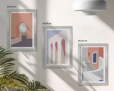 Įrėmintų paveikslų rinkinys su minimalistinėmis miesto architektūros iliustracijomis