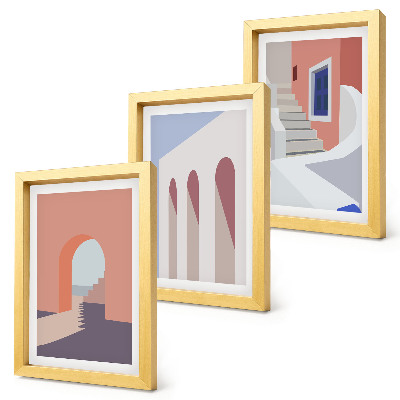 Įrėmintų paveikslų rinkinys Minimalistinio miesto architektūros iliustracijos