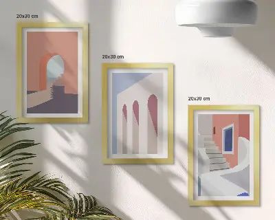 Įrėmintų paveikslų rinkinys su minimalistinėmis miesto architektūros iliustracijomis