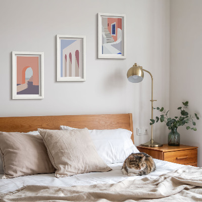 Įrėmintų paveikslų rinkinys Minimalistinio miesto architektūros iliustracijos