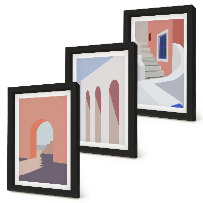 Įrėmintų paveikslų rinkinys Minimalistinio miesto architektūros iliustracijos