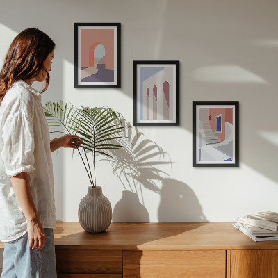 Įrėmintų paveikslų rinkinys Minimalistinio miesto architektūros iliustracijos