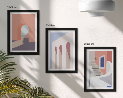 Įrėmintų paveikslų rinkinys Minimalistinio miesto architektūros iliustracijos