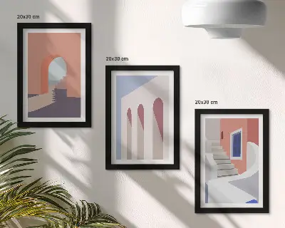 Įrėmintų paveikslų rinkinys su minimalistinėmis miesto architektūros iliustracijomis
