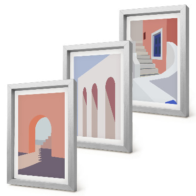 Įrėmintų paveikslų rinkinys Minimalistinio miesto architektūros iliustracijos