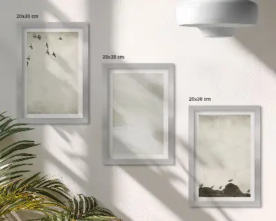 Įrėmintų paveikslų rinkinys paukščiai, akmenys ir teptuko potėpiai minimalistinėmis dekoracijomis