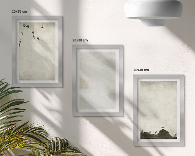 Įrėmintų paveikslų rinkinys Paukščiai, akmenys ir teptuko potėpiai – minimalistinės dekoracijos