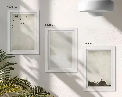 Įrėmintų paveikslų rinkinys paukščiai, akmenys ir teptuko potėpiai minimalistinėmis dekoracijomis