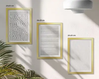 Įrėmintų paveikslų rinkinys su ryškiais stygų struktūrų raštais smėlyje
