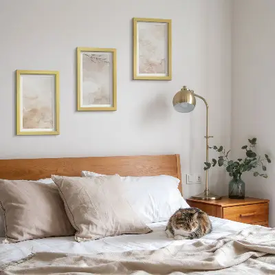 Akvarelės dėmės ir lapai pastelinėmis spalvomis 3 paveikslų rinkinys su rėmais