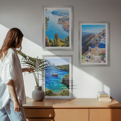Įrėmintas triptikas Graikiški Santorinio Oia vaizdai