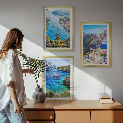 Įrėmintas triptikas Graikiški Santorinio Oia vaizdai