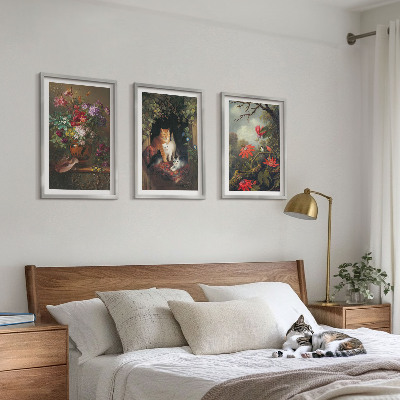 3 paveikslų rinkinys su rėmais Vintažinės gėlės katės gamta