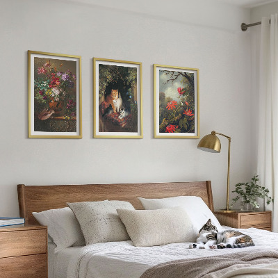 3 paveikslų rinkinys su rėmais Vintažinės gėlės katės gamta