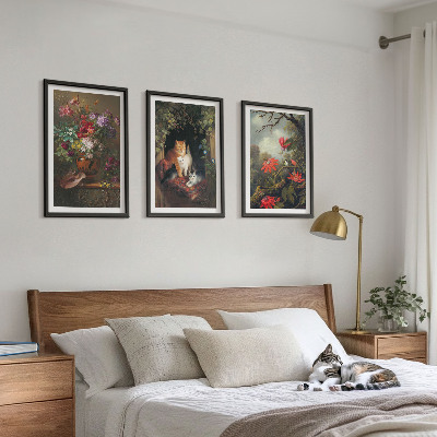 3 paveikslų rinkinys su rėmais Vintažinės gėlės katės gamta