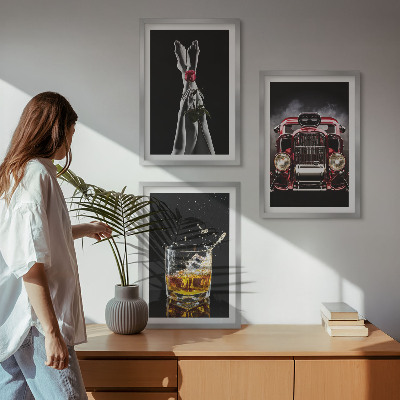 3 paveikslų rinkinys su rėmais Moterų kojos rožinio automobilio viskio