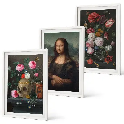 Gėlės kaukolės portretas Mona Liza įrėmintas triptikas