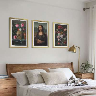 Įrėmintas triptikas Gėlės kaukolės portretas Mona Liza