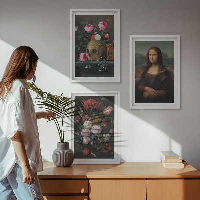 Įrėmintas triptikas Gėlės kaukolės portretas Mona Liza