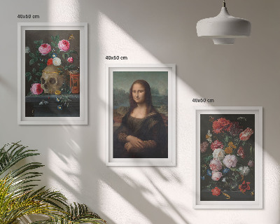 Įrėmintas triptikas Gėlės kaukolės portretas Mona Liza