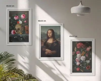 Gėlės kaukolės portretas Mona Liza įrėmintas triptikas