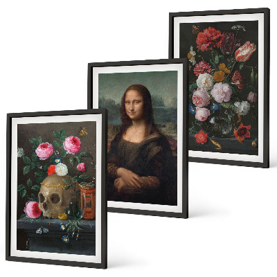 Įrėmintas triptikas Gėlės kaukolės portretas Mona Liza