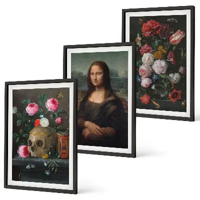 Gėlės kaukolės portretas Mona Liza įrėmintas triptikas