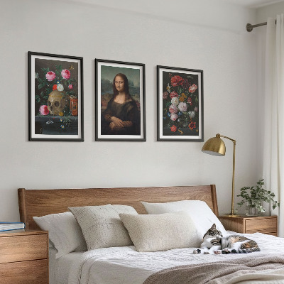 Įrėmintas triptikas Gėlės kaukolės portretas Mona Liza