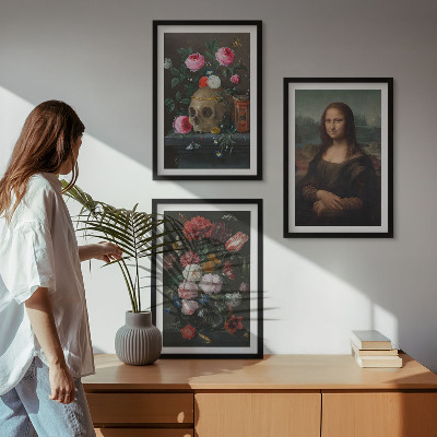 Įrėmintas triptikas Gėlės kaukolės portretas Mona Liza