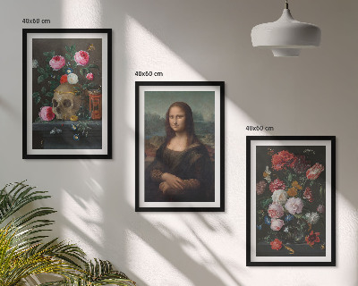 Įrėmintas triptikas Gėlės kaukolės portretas Mona Liza