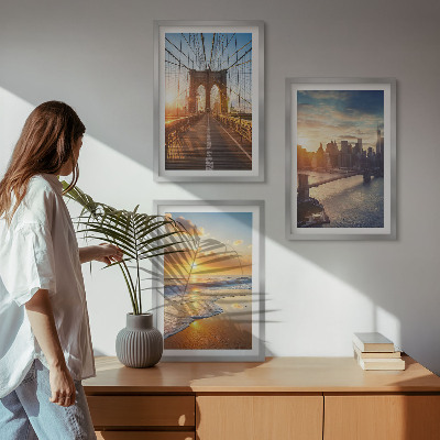 3 paveikslų rinkinys su rėmais Tiltai, saulėlydžiai, miestas