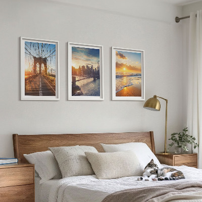 3 paveikslų rinkinys su rėmais Tiltai, saulėlydžiai, miestas