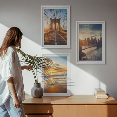 3 paveikslų rinkinys su rėmais Tiltai, saulėlydžiai, miestas