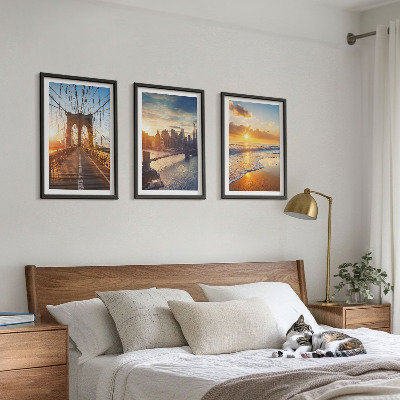 3 paveikslų rinkinys su rėmais Tiltai, saulėlydžiai, miestas