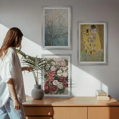 Klimto paveikslas „Medžio gėlės“ 3 paveikslų rinkinys su rėmais