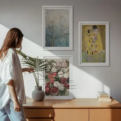 Klimto paveikslas „Medžio gėlės“ 3 paveikslų rinkinys su rėmais