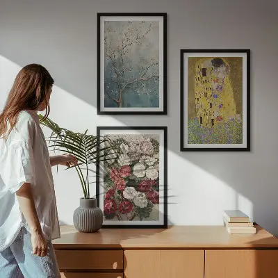 Klimto paveikslas „Medžio gėlės“ 3 paveikslų rinkinys su rėmais