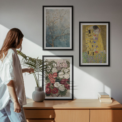 3 paveikslų rinkinys su rėmais Klimto paveikslo „Medžio gėlės“